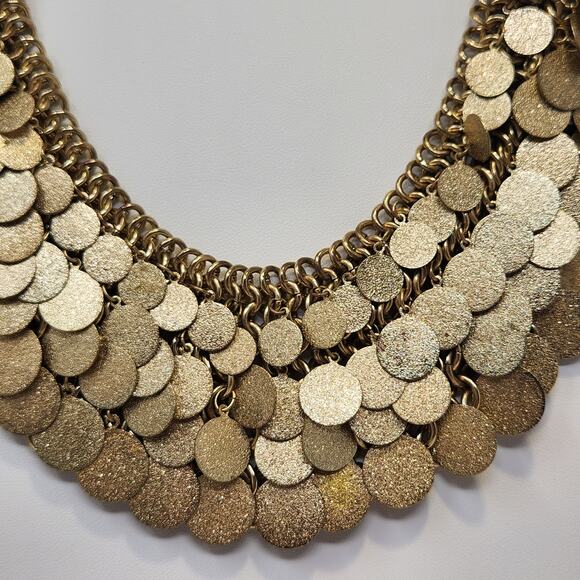 Glitter Disc Charm Statement Collar Necklace Gold Tone Dramatic Layered Chunky - Picture 2 of 6